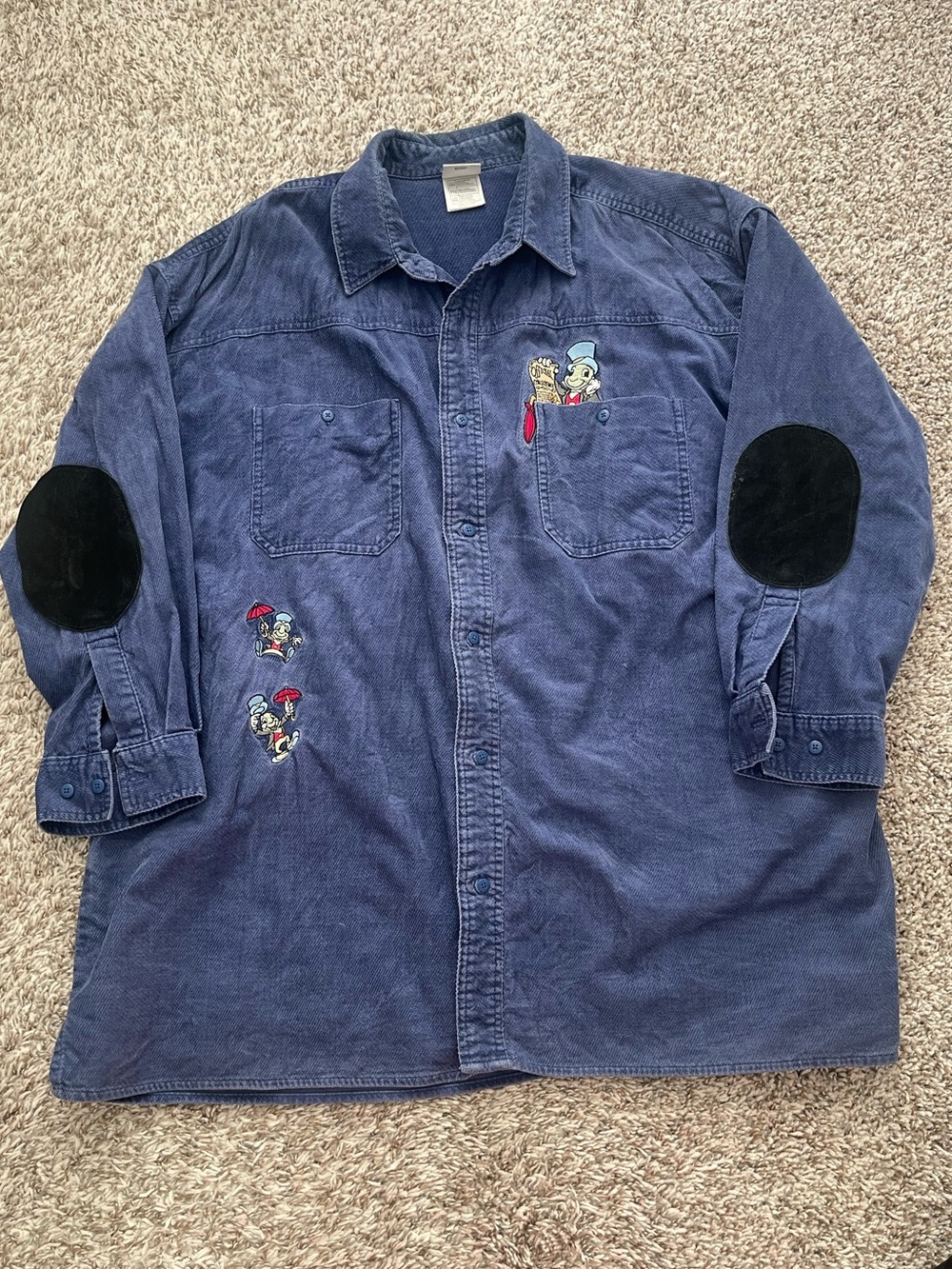 Vintage The Disney Store Jiminy Cricket Denim Shirt XXL Suede Elbow Patches